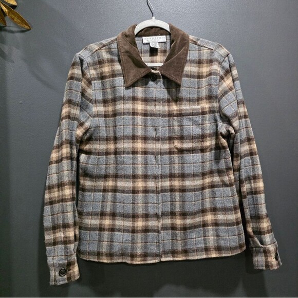 Vtg 90s Wool Blend Brown Tan Plaid Button Shirt Crop Shacket Contrast Collar 12 - Picture 1 of 8